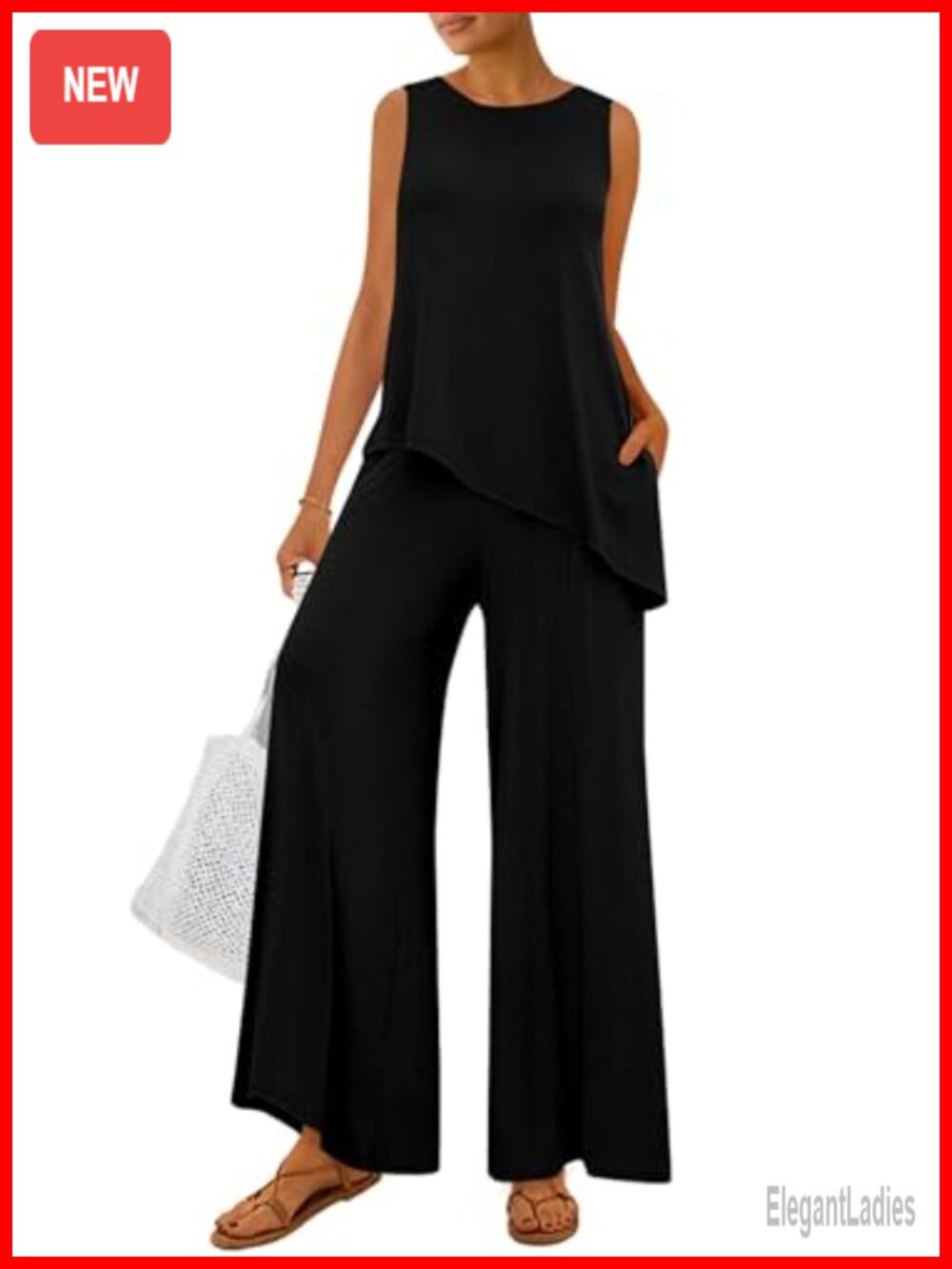 Women's Ribbed Knit 2 Piece Lounge Set Sleeveless Tank & Wide Leg Pants